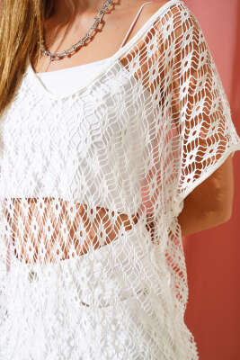 Püsküllü File Pareo Beyaz - Kadın Giyim Modelleri