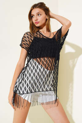 Püsküllü File Pareo Siyah - Kadın Giyim Modelleri