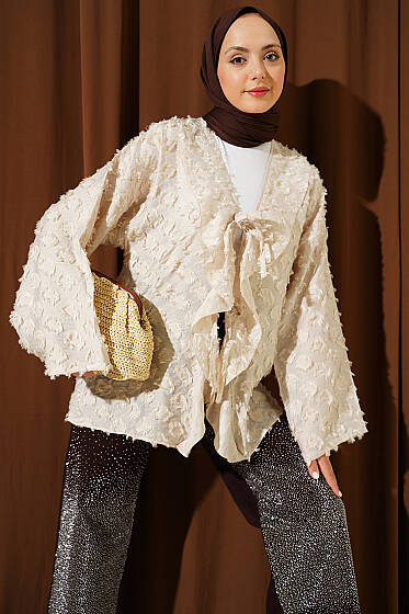 Püsküllü Fırfırlı İp Bağlamalı Kimono Bej - Dış Giyim&Mont