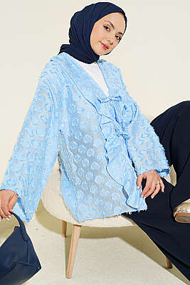 Püsküllü Fırfırlı İp Bağlamalı Kimono Mavi - TABLO FASHİON