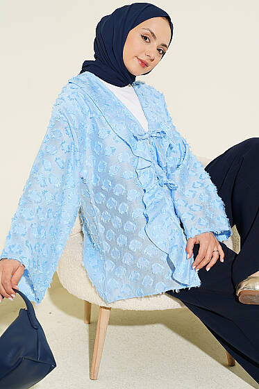 Püsküllü Fırfırlı İp Bağlamalı Kimono Mavi - Dış Giyim&Mont