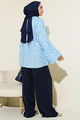 Püsküllü Fırfırlı İp Bağlamalı Kimono Mavi - Dış Giyim&Mont