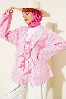 Püsküllü Fırfırlı İp Bağlamalı Kimono Pembe 