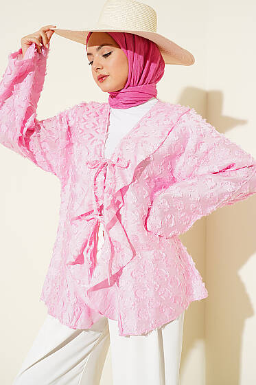 Püsküllü Fırfırlı İp Bağlamalı Kimono Pembe - Dış Giyim&Mont