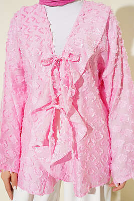 Püsküllü Fırfırlı İp Bağlamalı Kimono Pembe - Dış Giyim&Mont