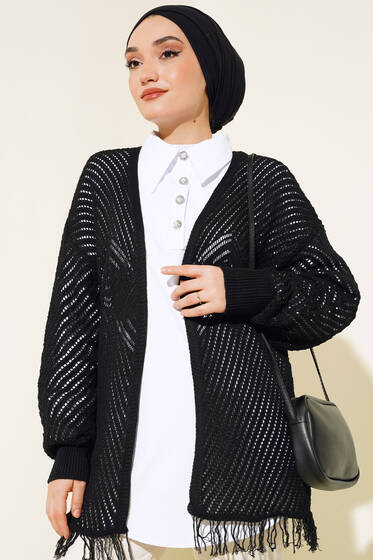 Püsküllü Hırka Siyah - Triko Hırka