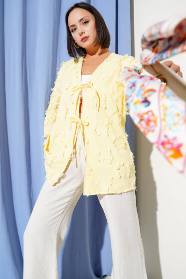 Püsküllü İp Bağcıklı Kimono Sarı - Dış Giyim&Mont