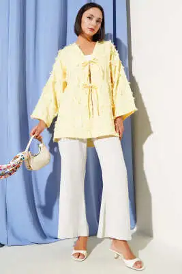 Püsküllü İp Bağcıklı Kimono Sarı - Dış Giyim&Mont
