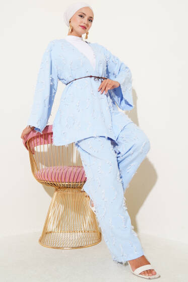 Püsküllü İp Kuşaklı İkili Takım Mavi - İkili Takım