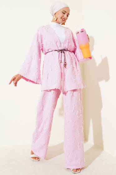 Püsküllü İp Kuşaklı İkili Takım Pembe - İkili Takım