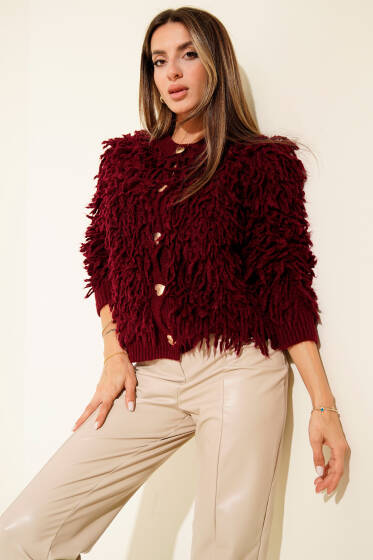 Püsküllü Kalp Düğmeli Hırka Bordo - Kadın Giyim Modelleri