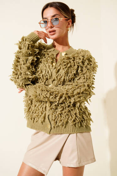 Püsküllü Kalp Düğmeli Hırka Çağla Yeşili - Kadın Giyim Modelleri