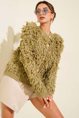 Püsküllü Kalp Düğmeli Hırka Çağla Yeşili - Kadın Giyim Modelleri