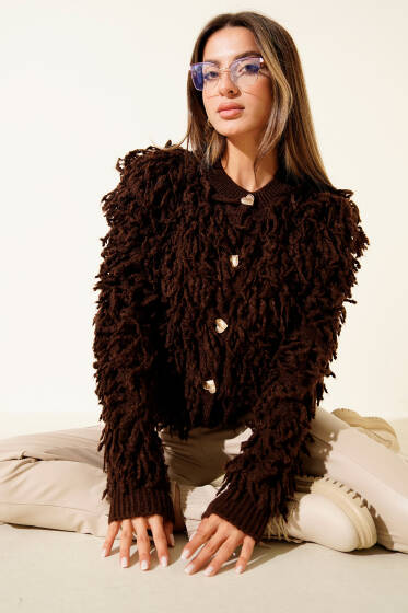 Püsküllü Kalp Düğmeli Hırka Kahve - Kadın Giyim Modelleri