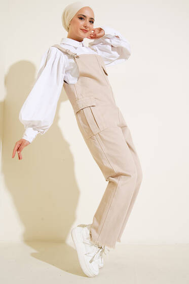 Püsküllü Kargo Cep Slopet Bej - Tesettür Tulum & Salopet