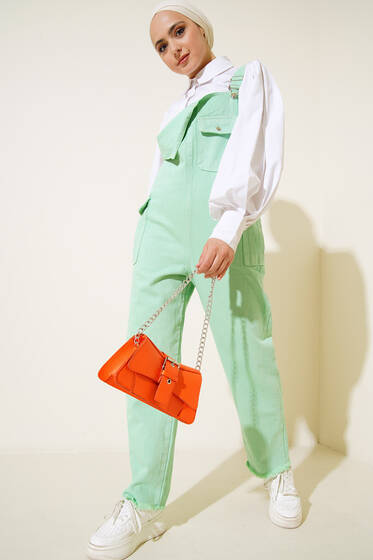 Püsküllü Kargo Cep Slopet Çağla Yeşili - Tesettür Tulum & Salopet