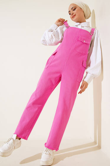 Püsküllü Kargo Cep Slopet Pembe - Tesettür Tulum & Salopet