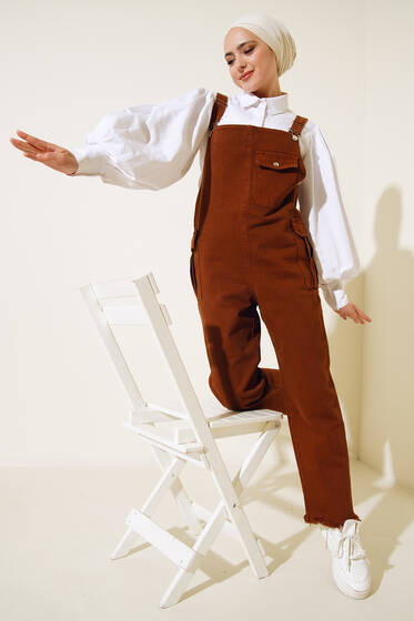 Püsküllü Kargo Cep Slopet Taba - Tesettür Tulum & Salopet