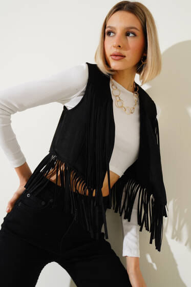 	 Püsküllü Kısa Süet Yelek Siyah - Kadın Giyim Modelleri