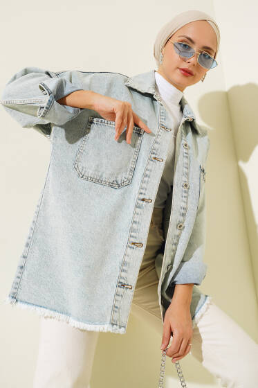 Püsküllü Kot Ceket Buz Mavisi - Ceket