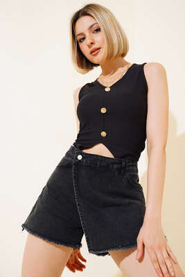 Püsküllü Kot Şort Etek Füme - Kadın Giyim Modelleri