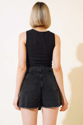 Püsküllü Kot Şort Etek Füme - Kadın Giyim Modelleri