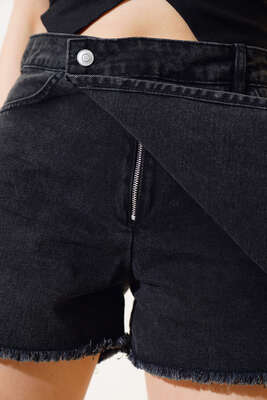 Püsküllü Kot Şort Etek Füme - Kadın Giyim Modelleri