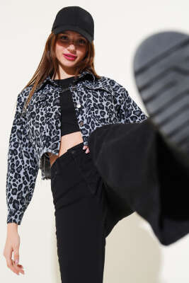 Püsküllü Leopar Desen Crop Ceket Bondi Mavisi 