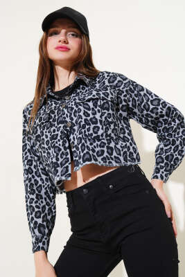 Püsküllü Leopar Desen Crop Ceket Bondi Mavisi - Kadın Giyim Modelleri