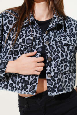Püsküllü Leopar Desen Crop Ceket Bondi Mavisi - Kadın Giyim Modelleri