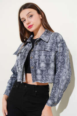 Püsküllü Leopar Desen Crop Ceket Duman Gri - Kadın Giyim Modelleri