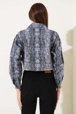 Püsküllü Leopar Desen Crop Ceket Duman Gri - Kadın Giyim Modelleri