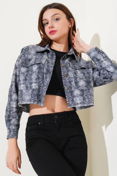 Püsküllü Leopar Desen Crop Ceket Duman Gri - Yeni Giyim