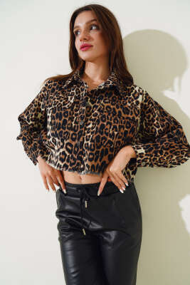 Püsküllü Leopar Desen Crop Ceket Leopar - Yeni Giyim