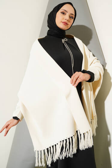 	 Püsküllü Omuz Şalı Ekru - Yeni Tesettür Giyim