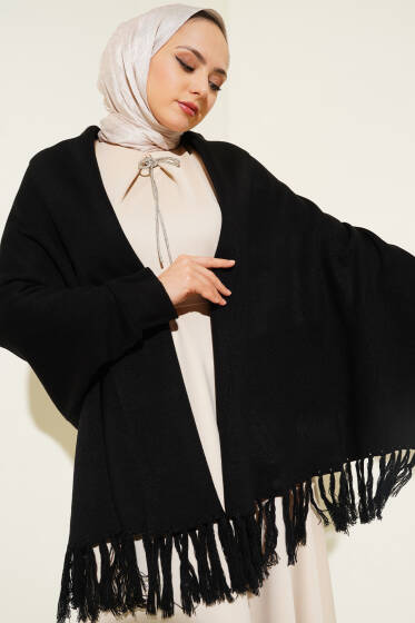 Püsküllü Omuz Şalı Siyah - Yeni Tesettür Giyim