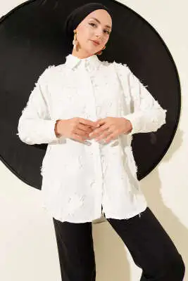Püsküllü Oversize Gömlek Beyaz - Gömlek
