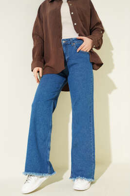 Püsküllü Paça Kot Pantolon Orta Mavi - Pantolon