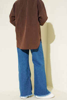 Püsküllü Paça Kot Pantolon Orta Mavi - Pantolon