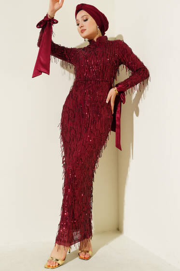 Püsküllü Pul Payet Abiye Elbise Bordo - Elbise