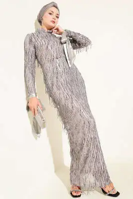 Püsküllü Pul Payet Abiye Elbise Gri 