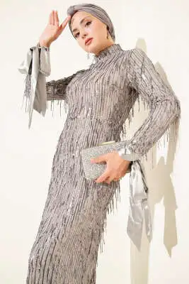 Püsküllü Pul Payet Abiye Elbise Gri - Tesettür Elbise