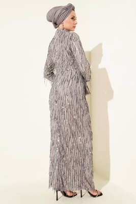 Püsküllü Pul Payet Abiye Elbise Gri - Tesettür Elbise
