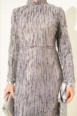 Püsküllü Pul Payet Abiye Elbise Gri - Tesettür Elbise