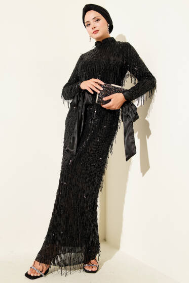 Püsküllü Pul Payet Abiye Elbise Siyah - Elbise