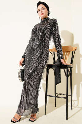 Püsküllü Pul Payet Abiye Elbise Siyah Gümüş - Tesettür Elbise