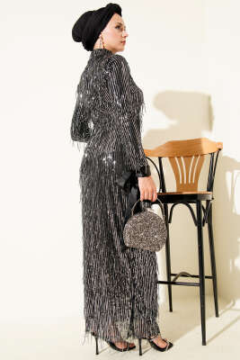 Püsküllü Pul Payet Abiye Elbise Siyah Gümüş - Tesettür Elbise