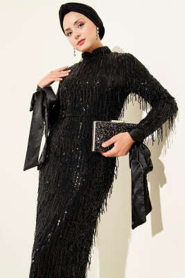 Püsküllü Pul Payet Abiye Elbise Siyah - Tesettür Elbise