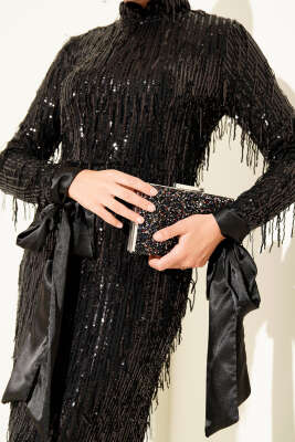 Püsküllü Pul Payet Abiye Elbise Siyah - Tesettür Elbise