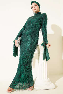 Püsküllü Pul Payet Abiye Elbise Zümrüt Yeşili 